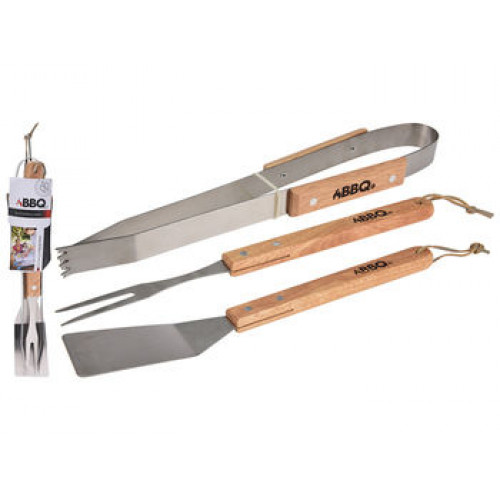 Instrumente pentru gratar BBQ 3unit (lopata, furculita, cleste) maner din lemn