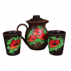 Set Angob Red Clay ulcior de 1,5 litri cu capac și 2 pahare de 500 ml, model Floral