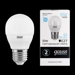 Лампа LED GAUSS ELEMENTARY G45 6W E27 6500K 1/10/100 холодный свет.