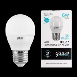 Лампа LED GAUSS ELEMENTARY G45 6W E27 4100K 1/10/50 нейтральный свет.