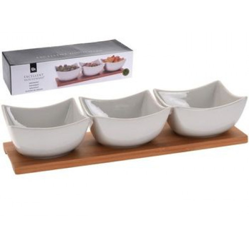 Set pentru aperitiv EH 4buc portelan, suport din lemn 30X10.5cm