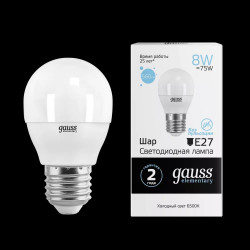 Лампа LED GAUSS ELEMENTARY G45 8W E27 6500K 1/10/100 холодный свет.