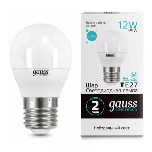 Лампочка led gauss elementary g45, 12w, e27, 4100k, 920 lm, ip 20, 1/10/100