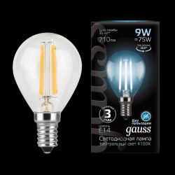 Лампа LED Filament GAUSS BLACK G45 E14 9W 4100K 1/10/50 нейтральный свет.