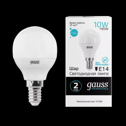 Лампа LED GAUSS ELEMENTARY G45 E14/10W/730lm/4100K/1/10/100 нейтральный свет.
