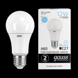 Лампа LED Gauss Elementary A60 12W E27 65K 1/10/50