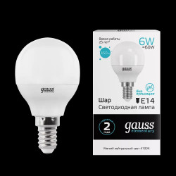 Лампа LED GAUSS ELEMENTARY G45 6W E14 4100K 1/10/50 нейтральный свет.