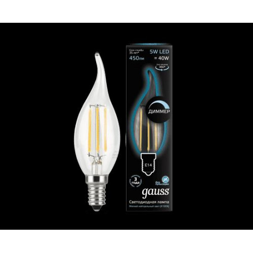 Лампа GAUSS LED FILAMENT CANDLE TAILED DIMMABLE C37 CT Bec LED 5W/E14/4100K/450lm/IP20/1/10/50 НЕЙТРАЛЬНЫЙ СВЕТ