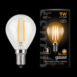 Лампа LED Filament GAUSS BLACK G45 E14 9W 2700K 1/10/50 теплый свет.
