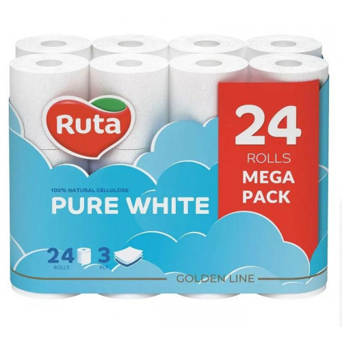 Туалетная бумага RUTA Pure White, 3 слоя, белая, 24 рулона